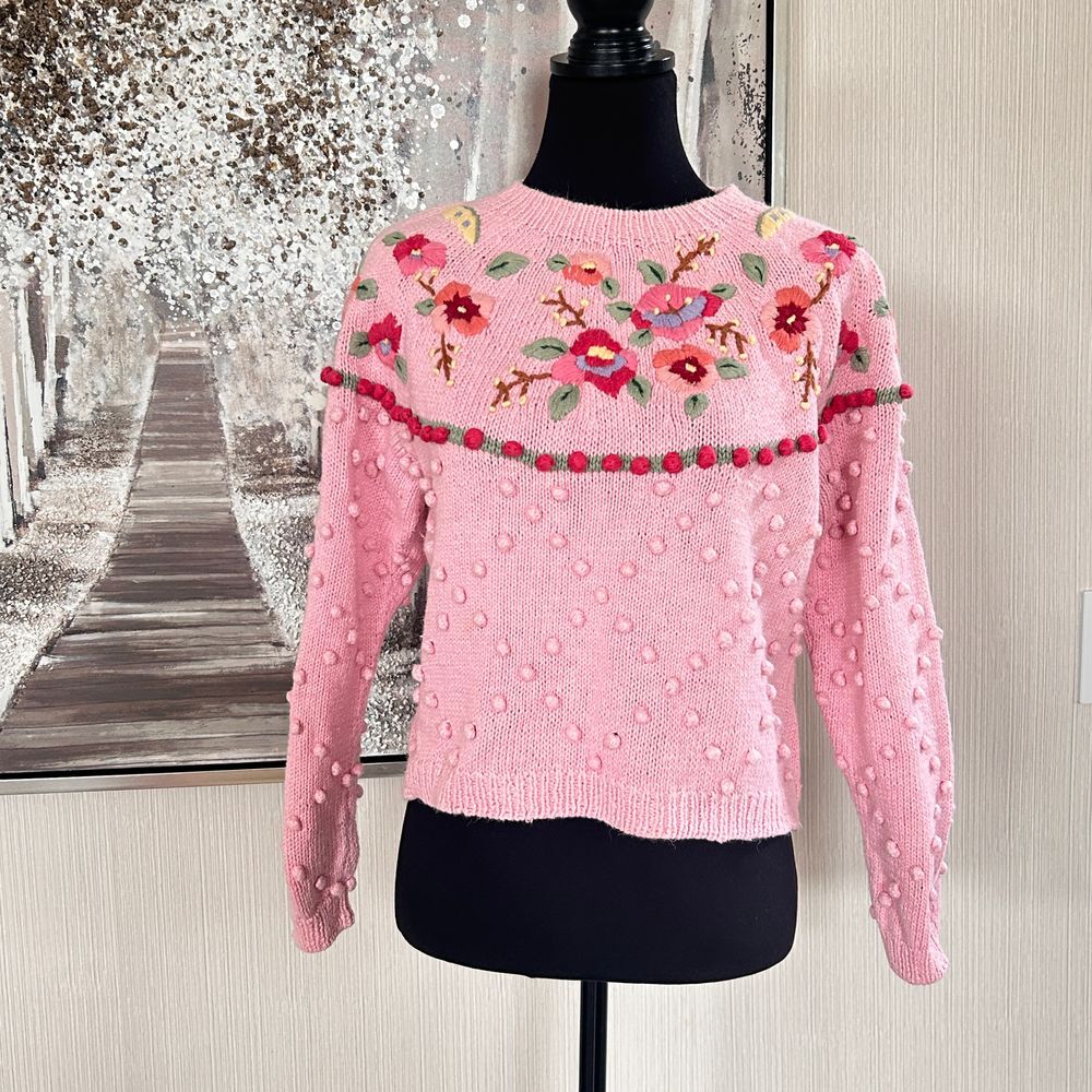 Vintage Hand Knit Pink Floral Embroidered Sweater